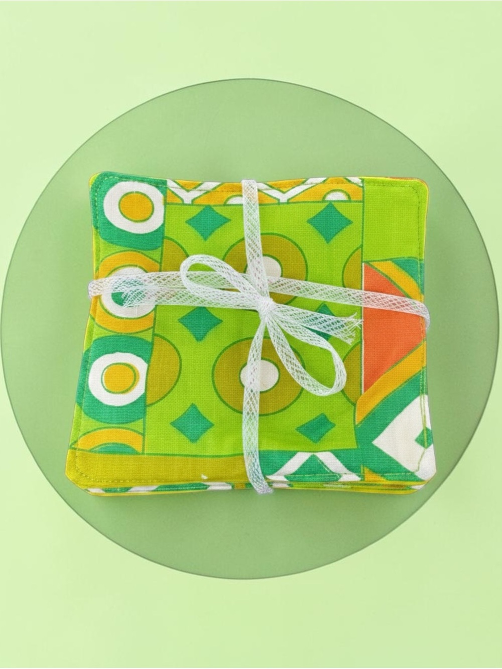 Green Geometric Vintage Fabric Coaster Set